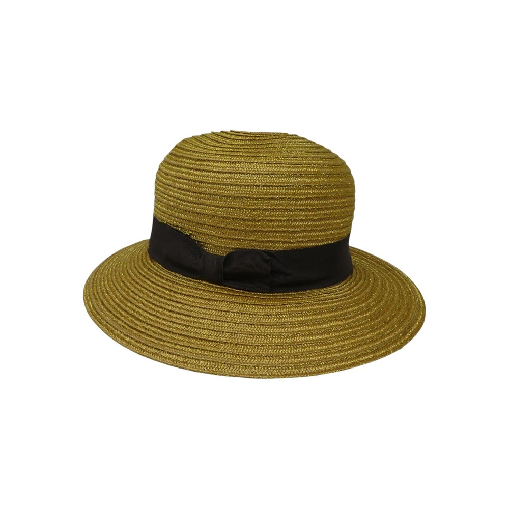 Louise Green Metallic Gold Straw Cloche Sun Hat‎ Vintage Brown Bow Ribbon